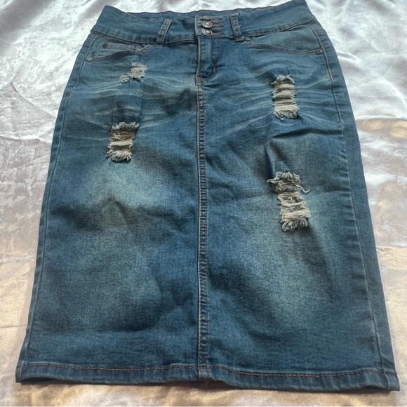 Distressed Denim Pencil Skirt - Picture 2 of 6